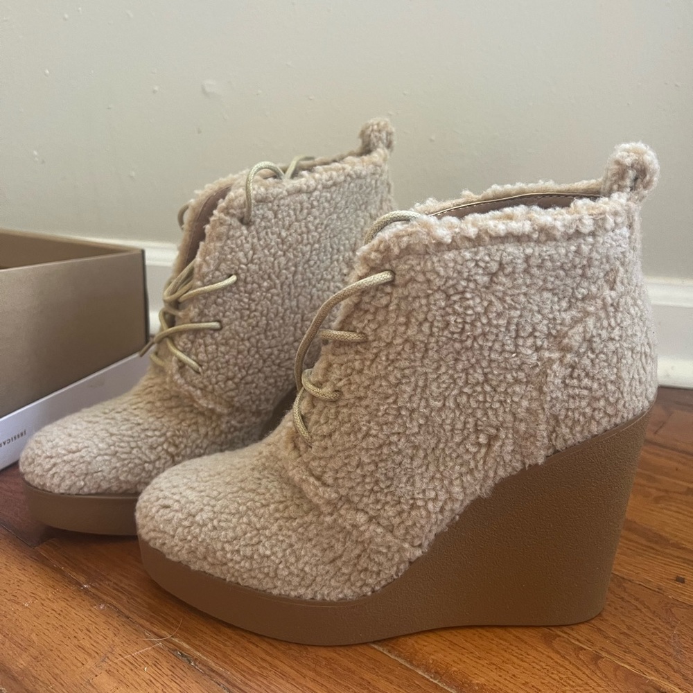 Jessica Simpson Cream Sherpa Wedge Ankle Boots